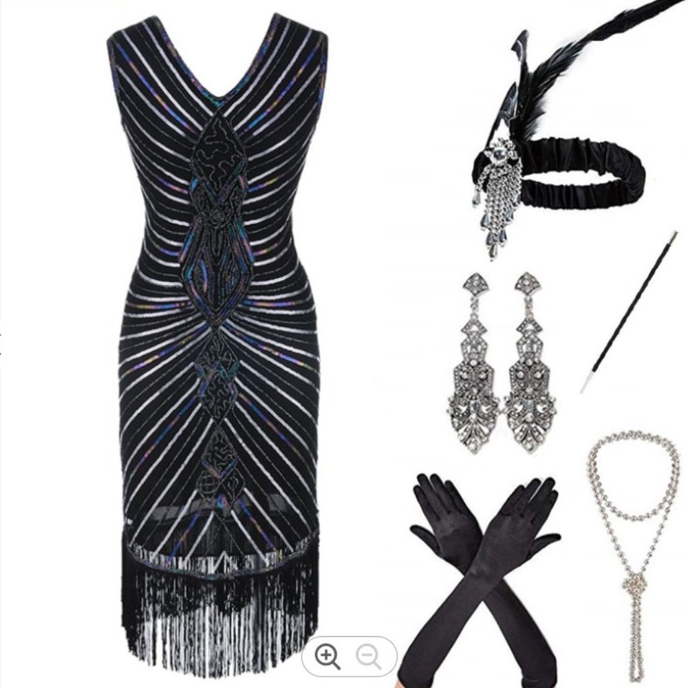 Women's NEW Roaring 20s V-Neck Gatsby Flapper Dress with Accessories Set